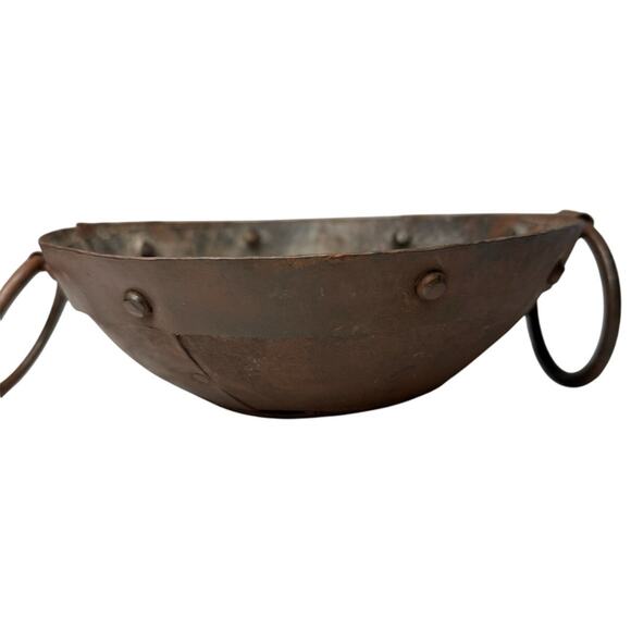 Antique Forged Iron Bowl with Ring Handles Primitive Rustic Decor - Picture 2 of 11